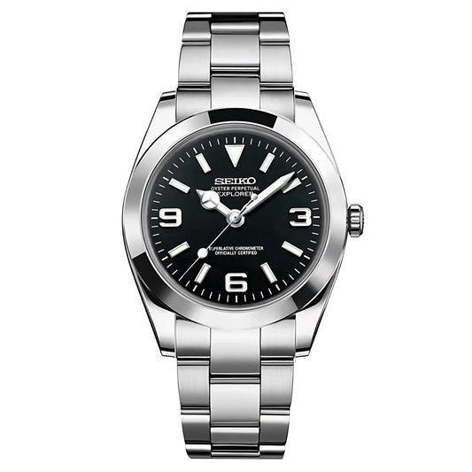 Stainless steel Oysteiko Black Explorer wristwatch featuring a black dial and large hour markers