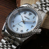 Seikojust Light Blue Nh35 Watch Close-up On Table Next To Wooden Box, Automatic Movement